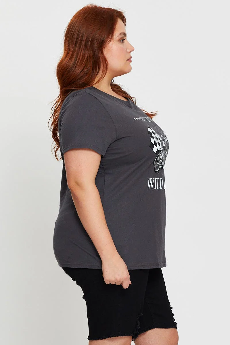 Grey Graphic T-shirt Crew Neck Short Sleeve - Image 4