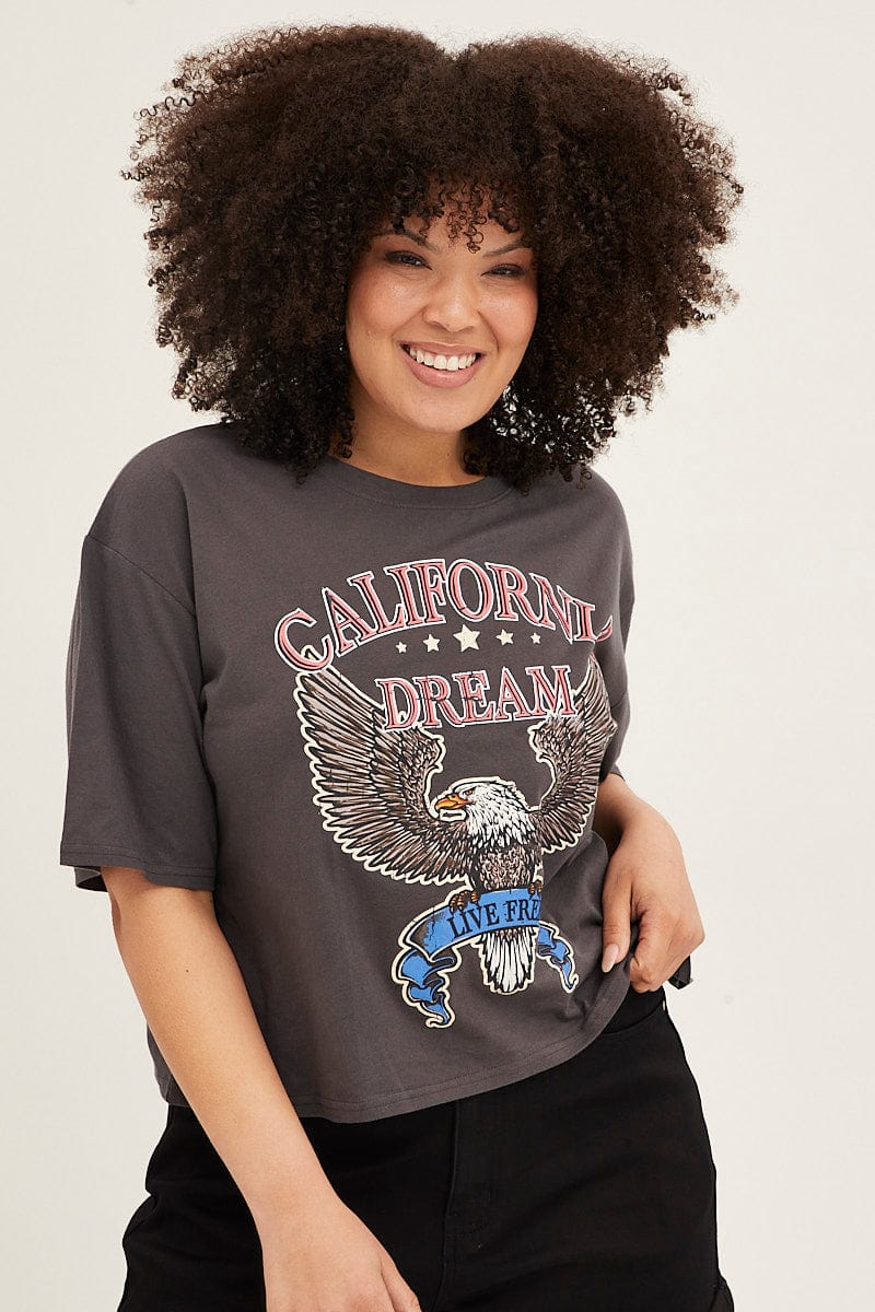 Grey Graphic T-shirt Crop California Dream Cotton - Image 3