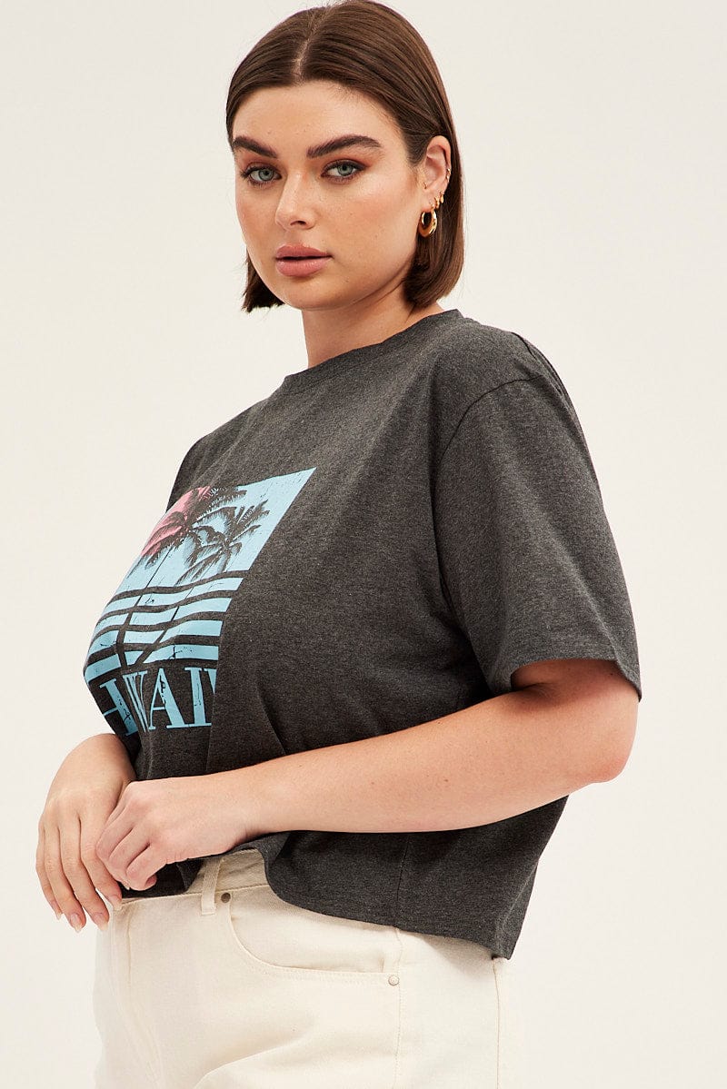 Grey Graphic T-shirt Crop Hawaii Cotton - Image 4