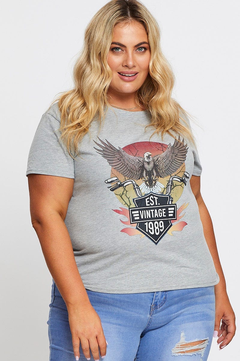 Grey Graphic T-shirt Eagle 1989 Short Sleeve Cotton