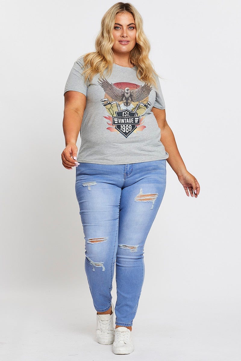 Grey Graphic T-shirt Eagle 1989 Short Sleeve Cotton - Image 2