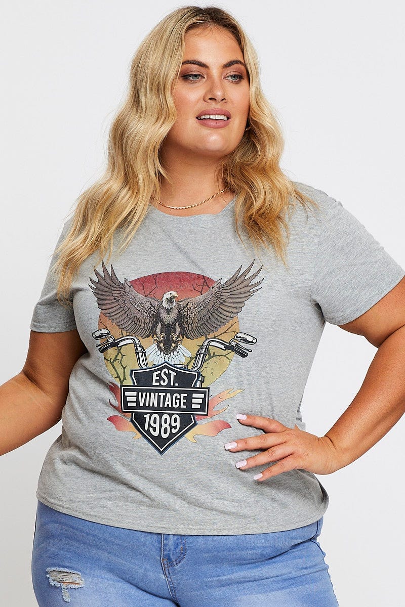 Grey Graphic T-shirt Eagle 1989 Short Sleeve Cotton - Image 3
