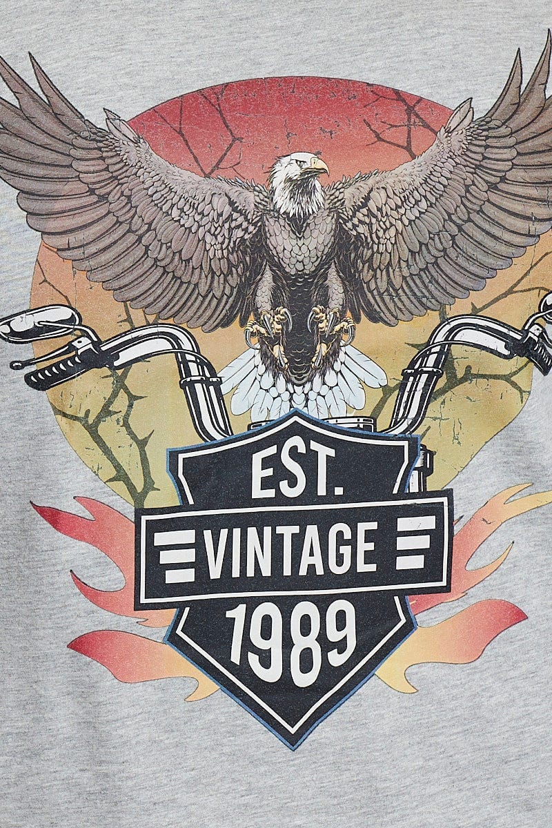 Grey Graphic T-shirt Eagle 1989 Short Sleeve Cotton - Image 6