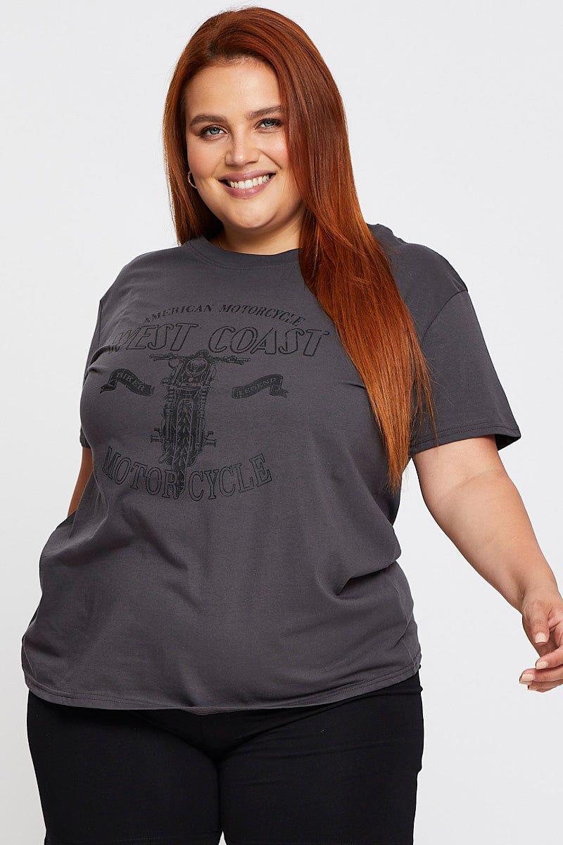 Grey Graphic T-shirt Motorcycle Short Sleeve Cotton - Image 3