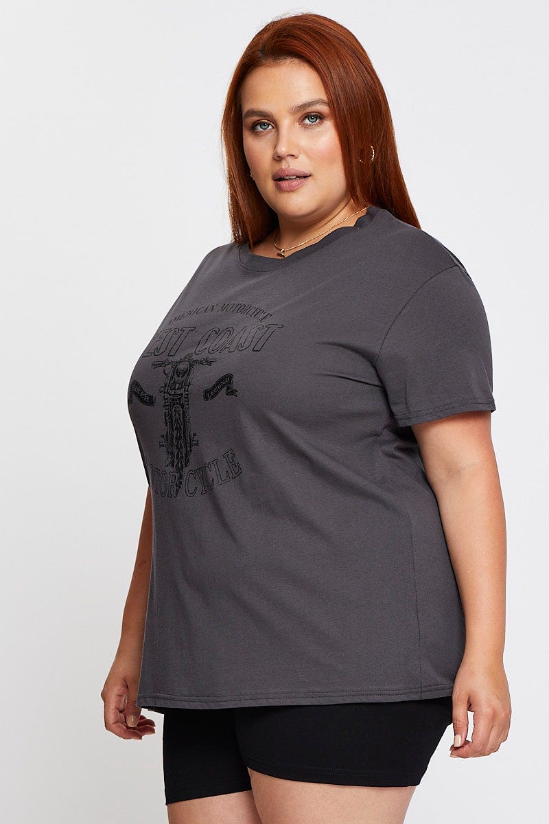 Grey Graphic T-shirt Motorcycle Short Sleeve Cotton - Image 4