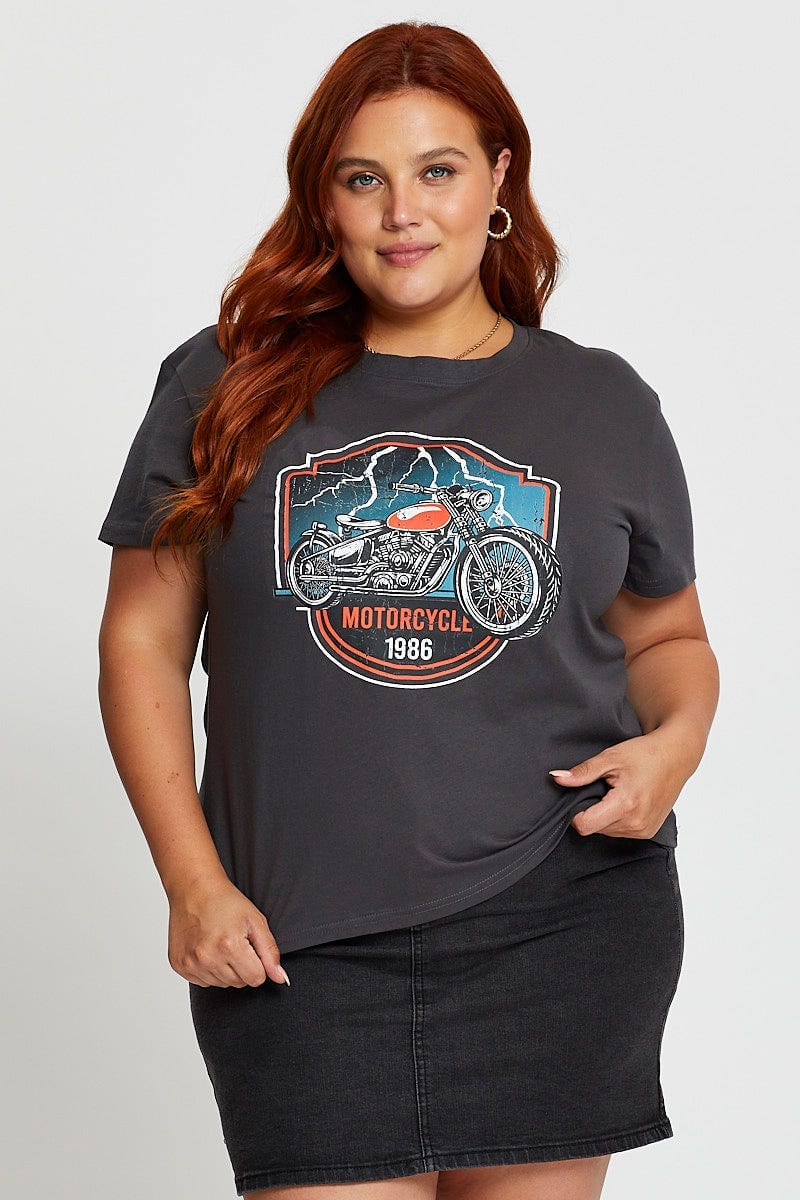 Grey Graphic T-shirt Motorcycle Short Sleeve Cotton