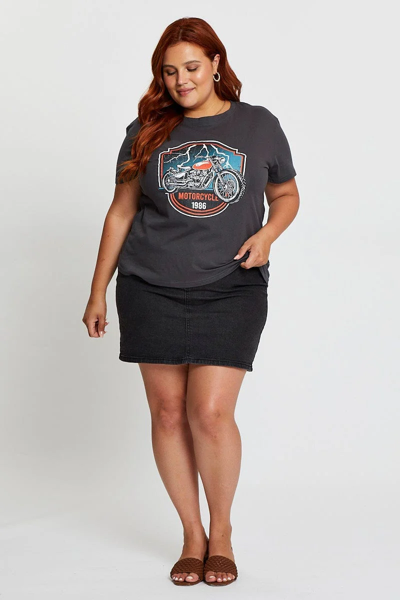 Grey Graphic T-shirt Motorcycle Short Sleeve Cotton - Image 2
