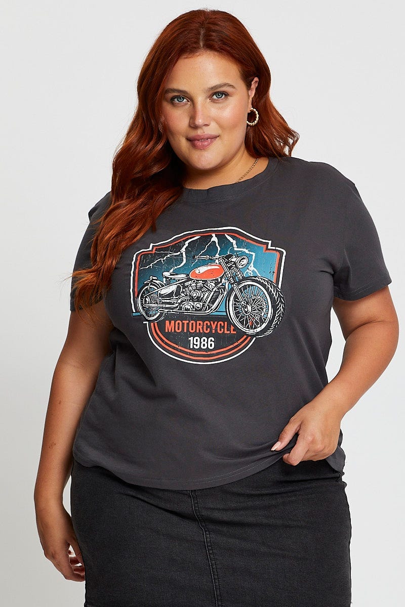Grey Graphic T-shirt Motorcycle Short Sleeve Cotton - Image 3