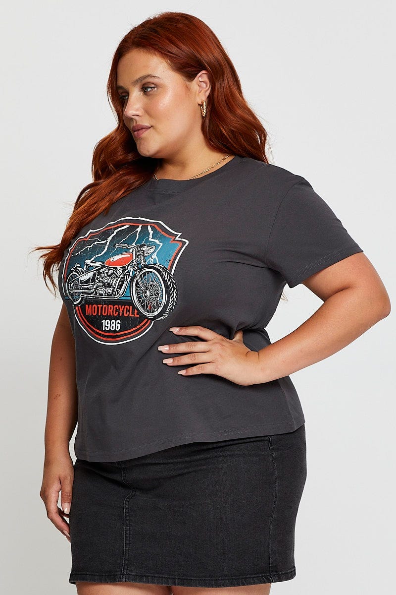 Grey Graphic T-shirt Motorcycle Short Sleeve Cotton - Image 4
