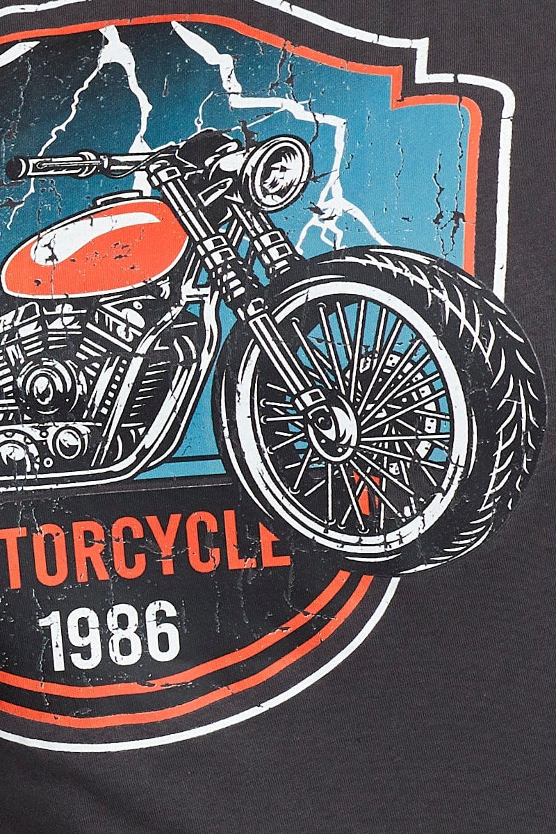 Grey Graphic T-shirt Motorcycle Short Sleeve Cotton - Image 6