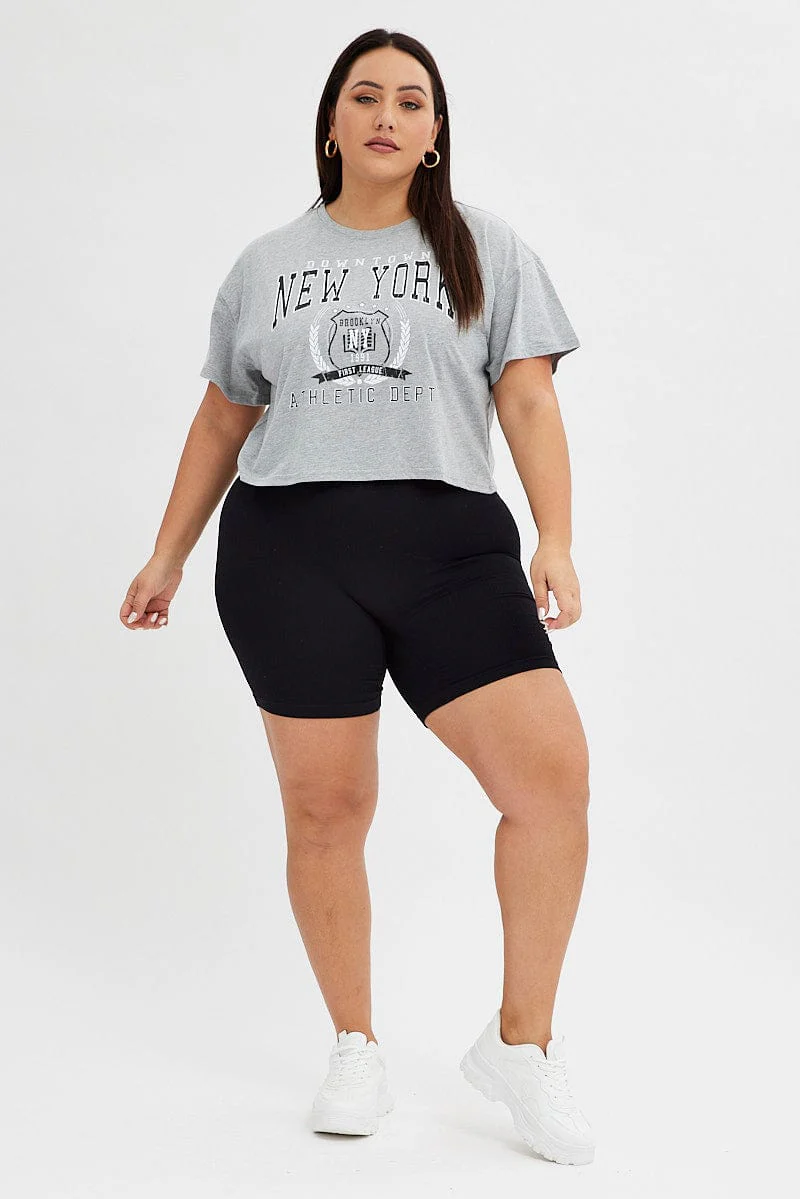 Grey Graphic T-shirt New York Print Crop Short Sleeve - Image 2