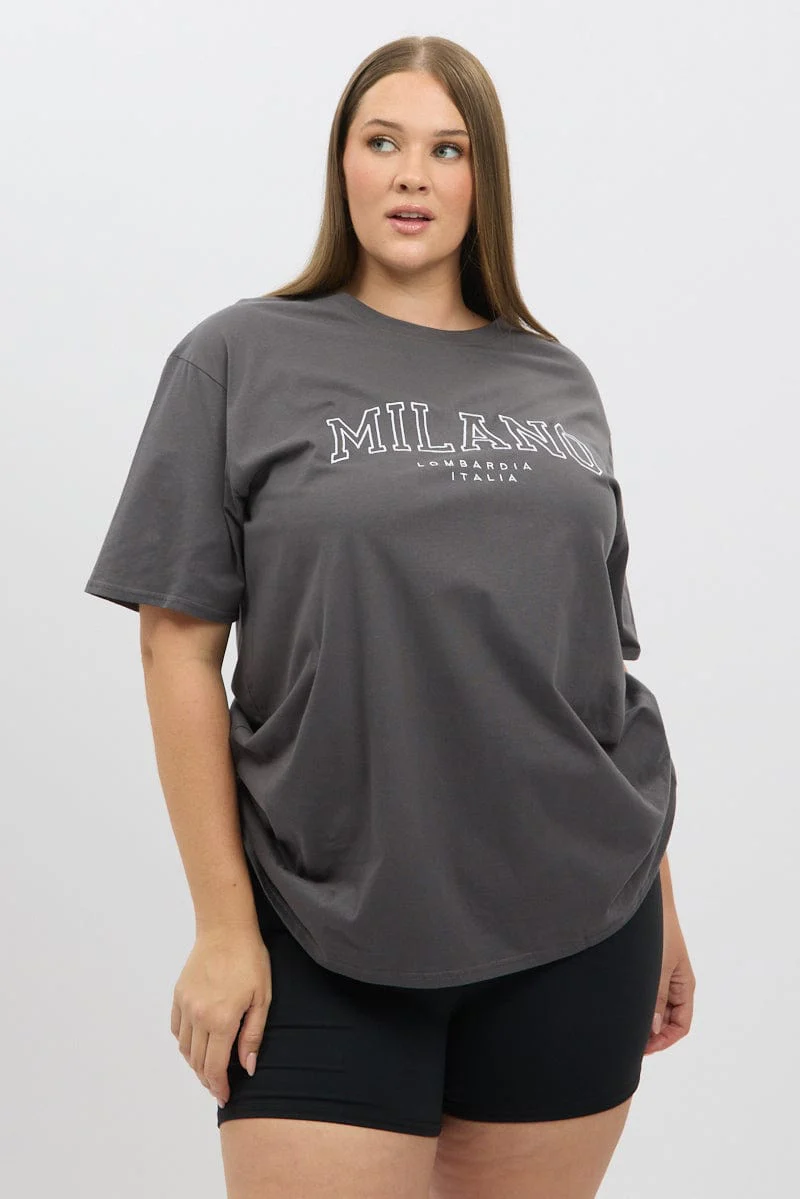 Grey Graphic T shirt Short Sleeve Crew Neck