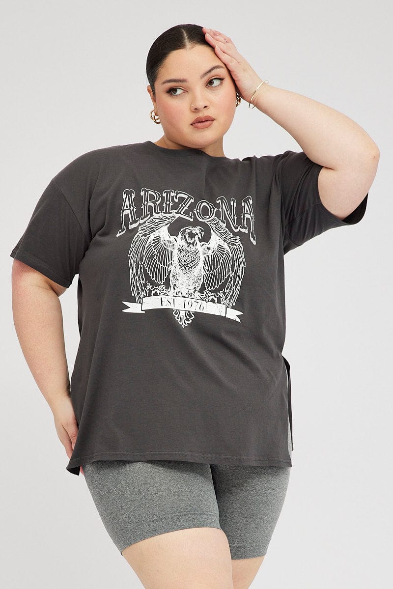 Grey Graphic T-shirt Short Sleeve Crew Neck