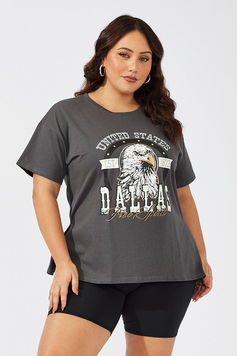 Grey Graphic T-shirt Short Sleeve Crew Neck