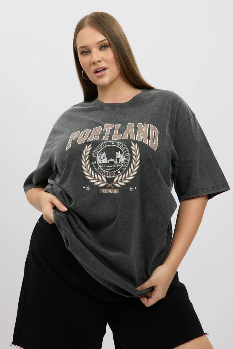 Grey Graphic T Shirt Short Sleeve Crew Neck