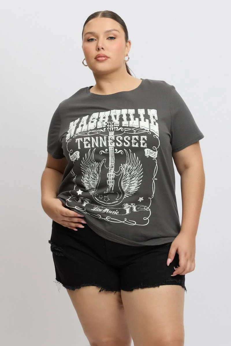 Grey Graphic T Shirt Short Sleeve Crew Neck - Image 3