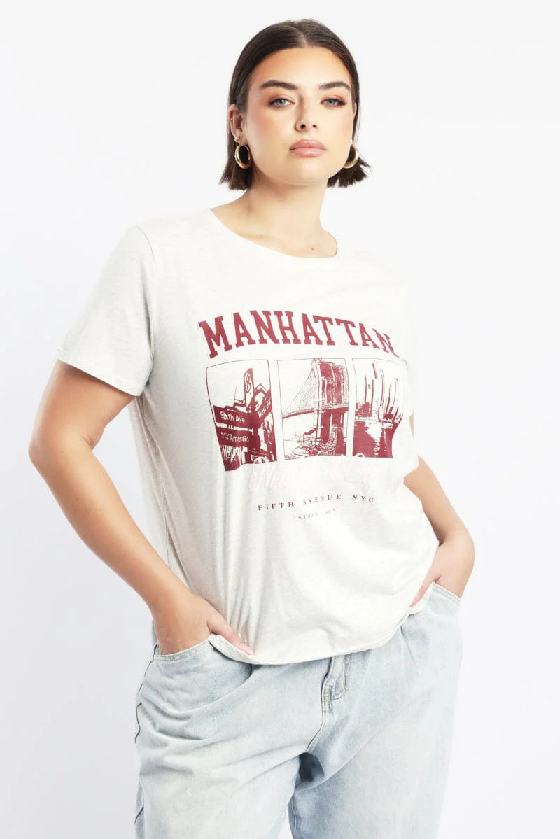 Grey Graphic T Shirt Short Sleeve Crew Neck