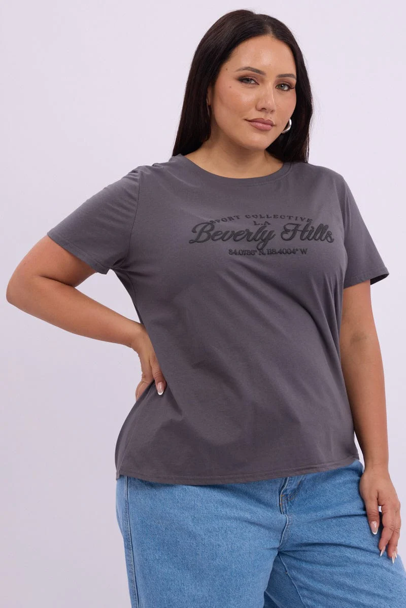 Grey Graphic T Shirt Short Sleeve Crew Neck - Image 2