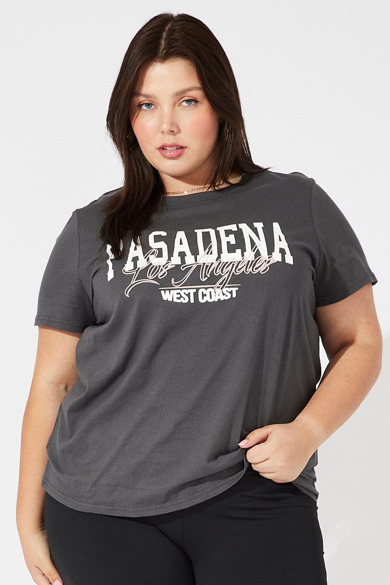 Grey Graphic T-shirt Short Sleeve Crew Neck Cropped