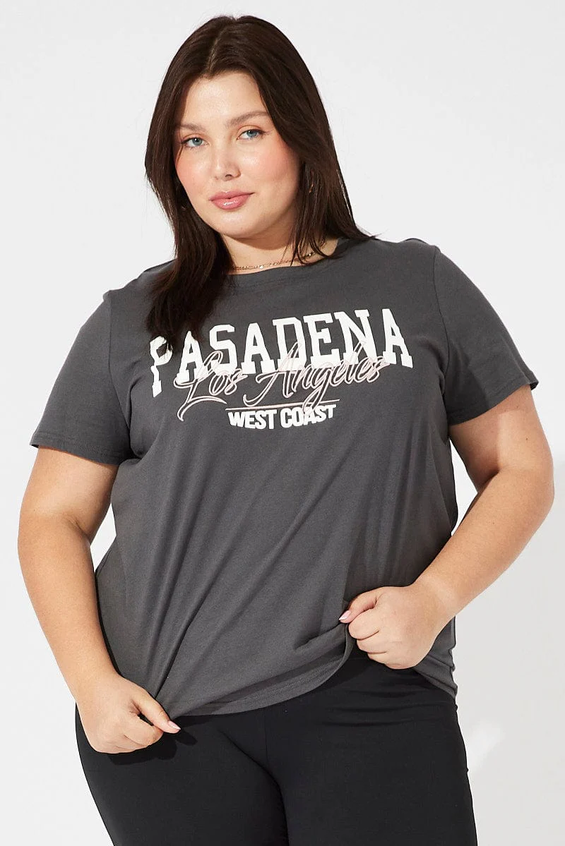 Grey Graphic T-shirt Short Sleeve Crew Neck Cropped - Image 3