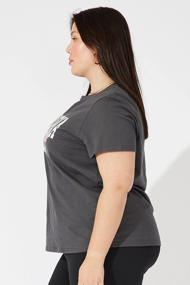 Grey Graphic T-shirt Short Sleeve Crew Neck Cropped - Image 4