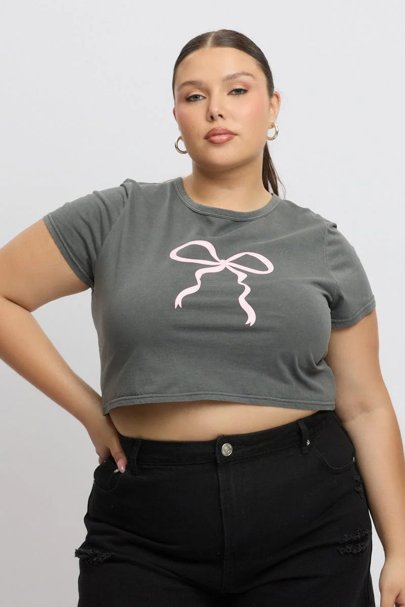 Grey Graphic T Shirt Short Sleeve Crop Top - Image 3