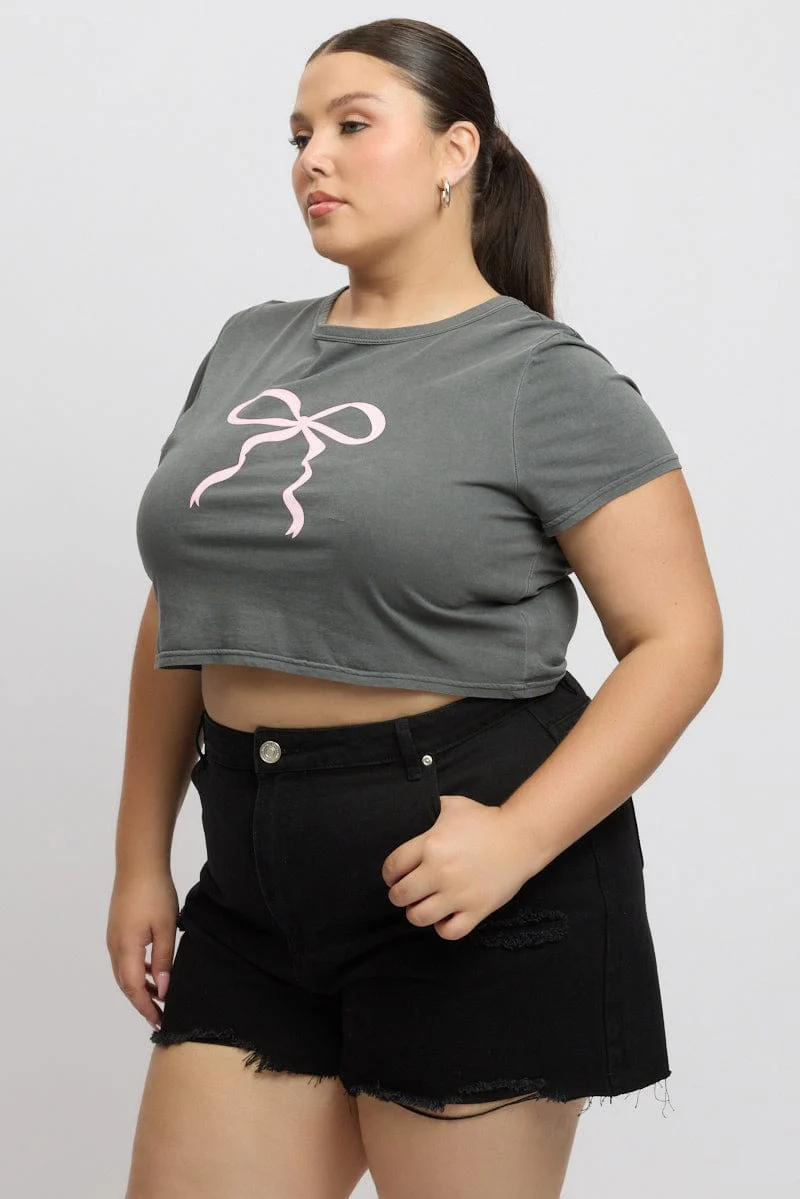 Grey Graphic T Shirt Short Sleeve Crop Top - Image 4