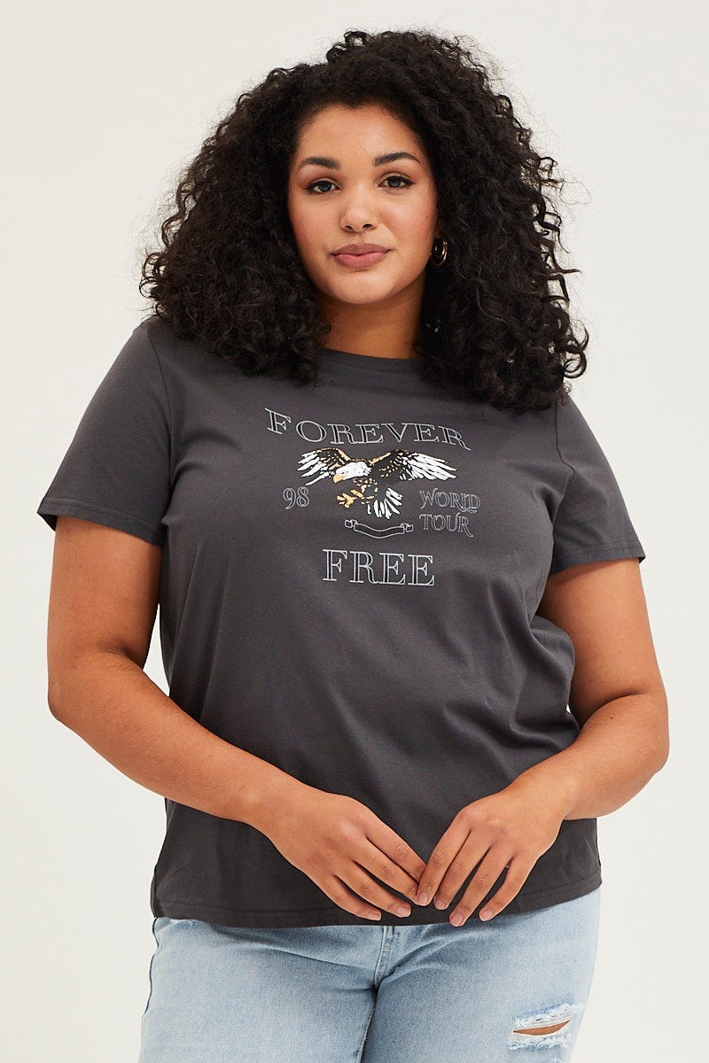 Grey Graphic T-shirt Short Sleeve Eagle Print Cotton