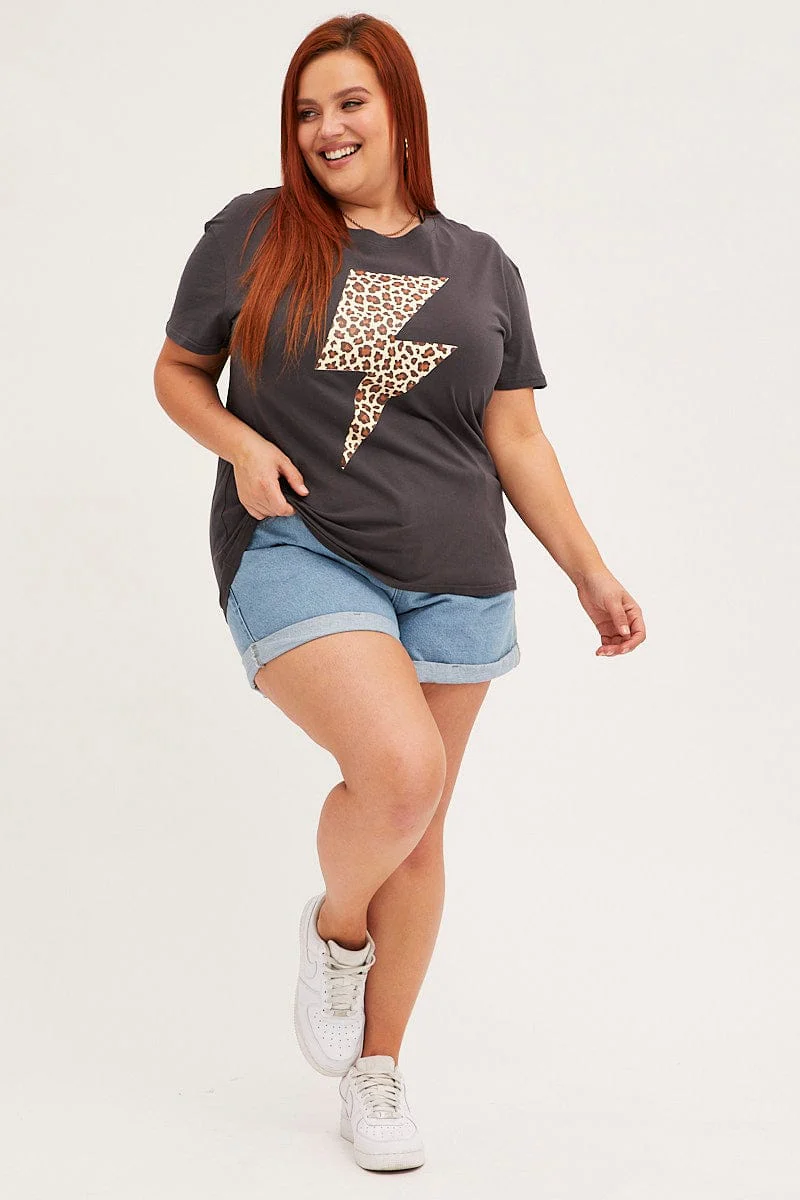Grey Graphic T-shirt Short Sleeve Lightning Bolt - Image 2