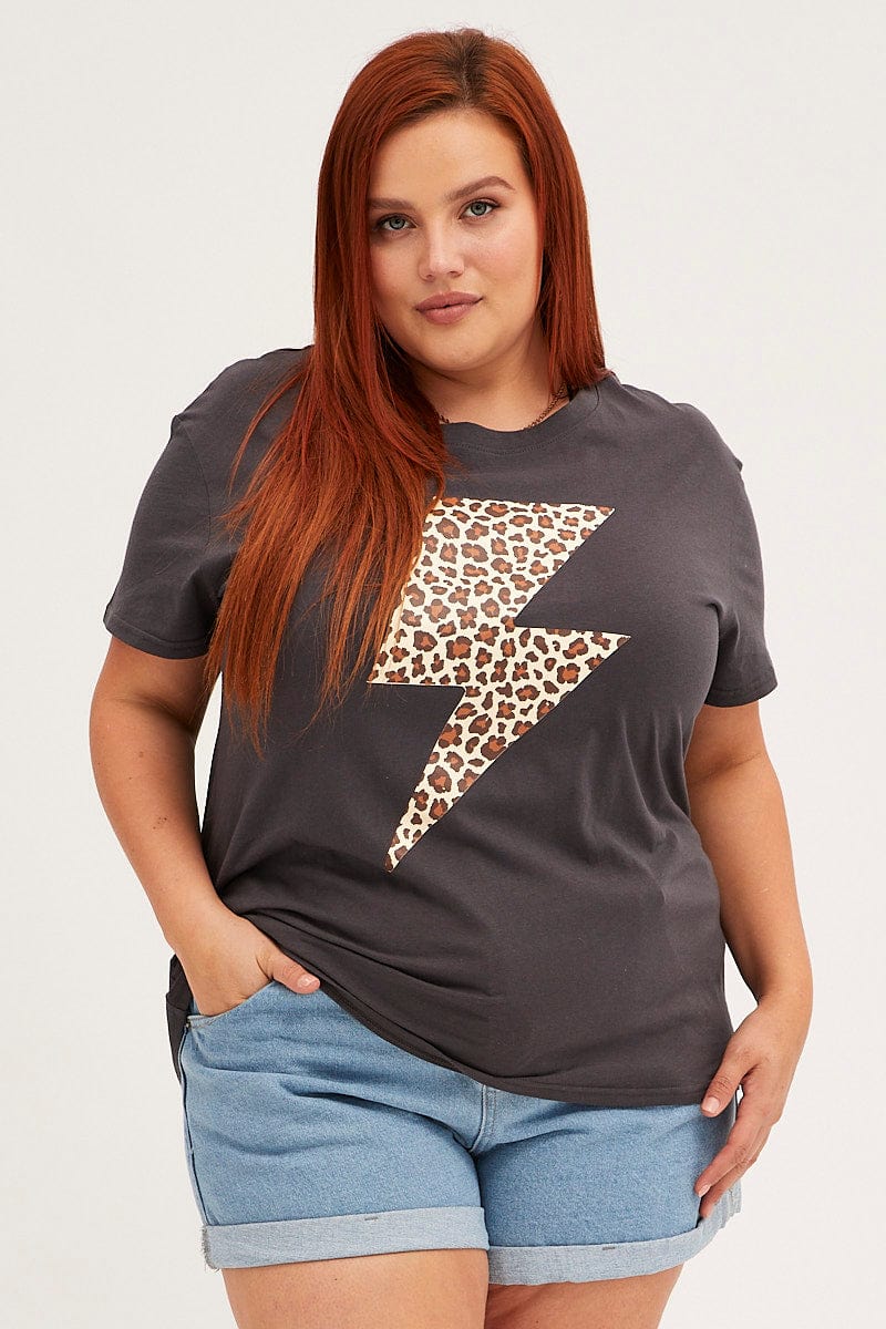 Grey Graphic T-shirt Short Sleeve Lightning Bolt - Image 3