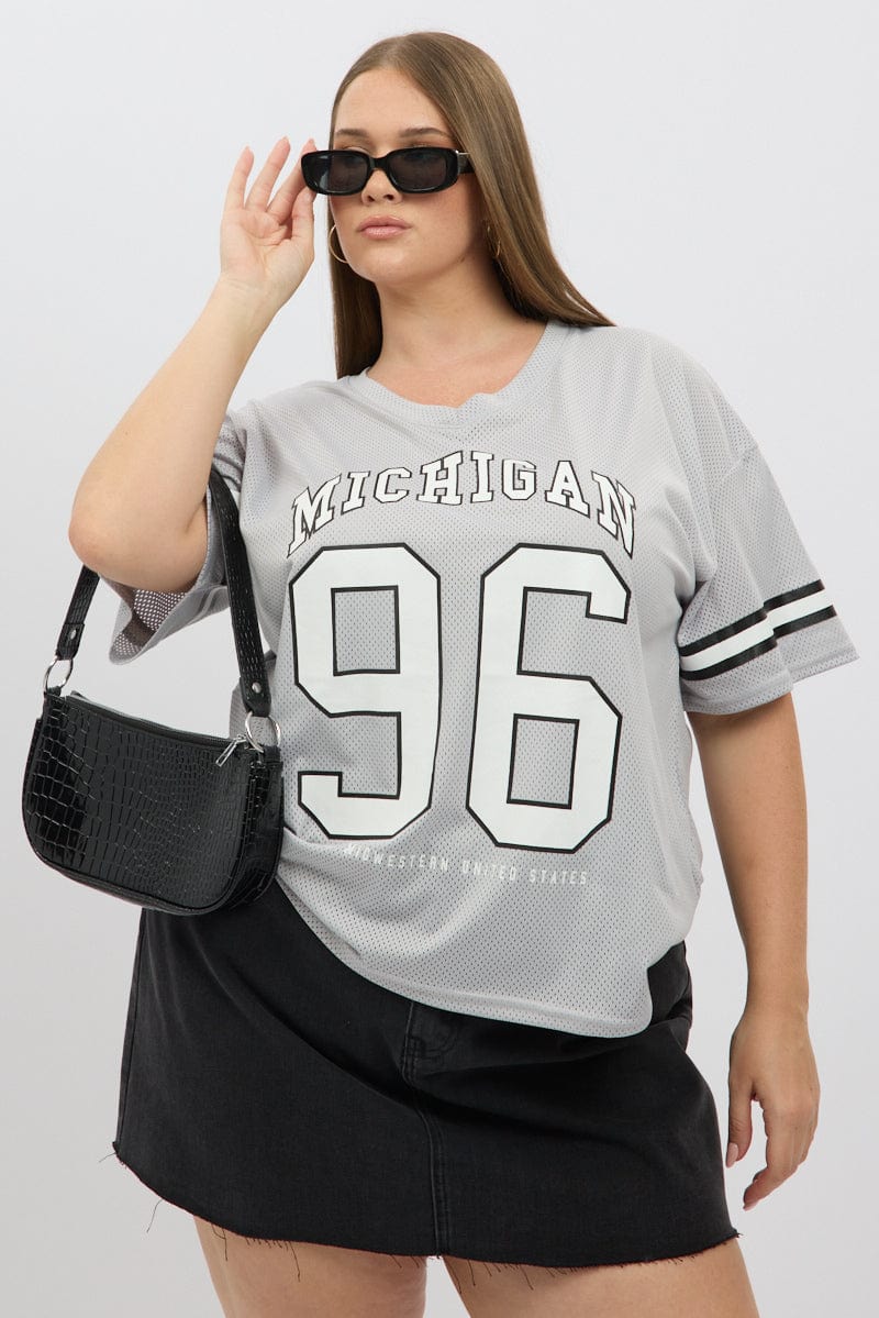 Grey Graphic T Shirt Short Sleeve V Neck