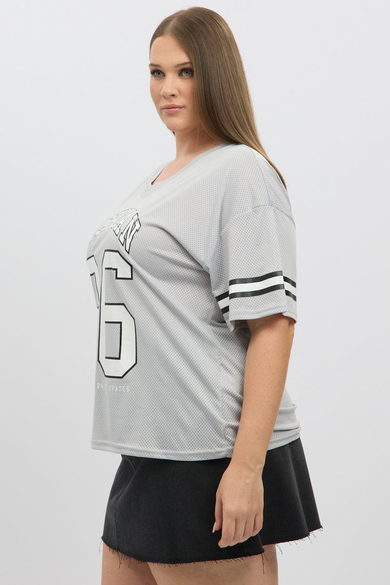 Grey Graphic T Shirt Short Sleeve V Neck - Image 4