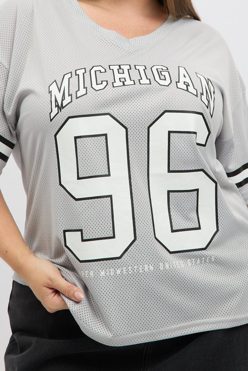 Grey Graphic T Shirt Short Sleeve V Neck - Image 6