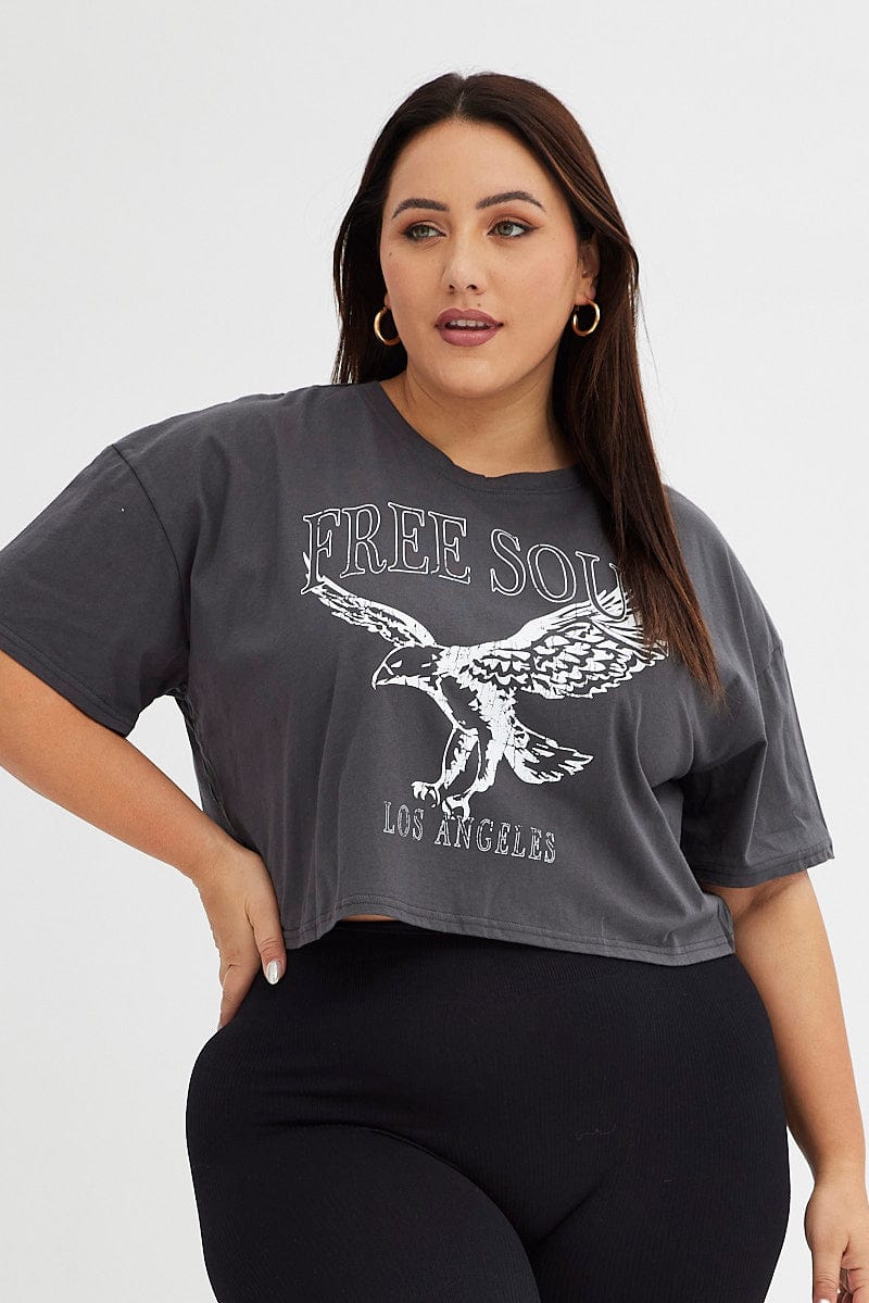 Grey Graphic T-shirt Super Crop Free Soul Eagle - Image 3