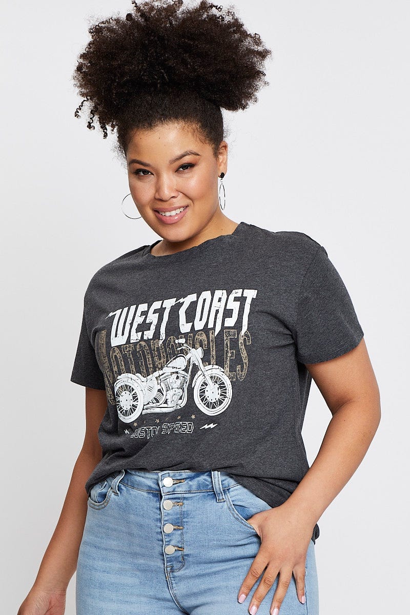 Grey Graphic T-shirt West Coast Short Sleeve Cotton - Image 3