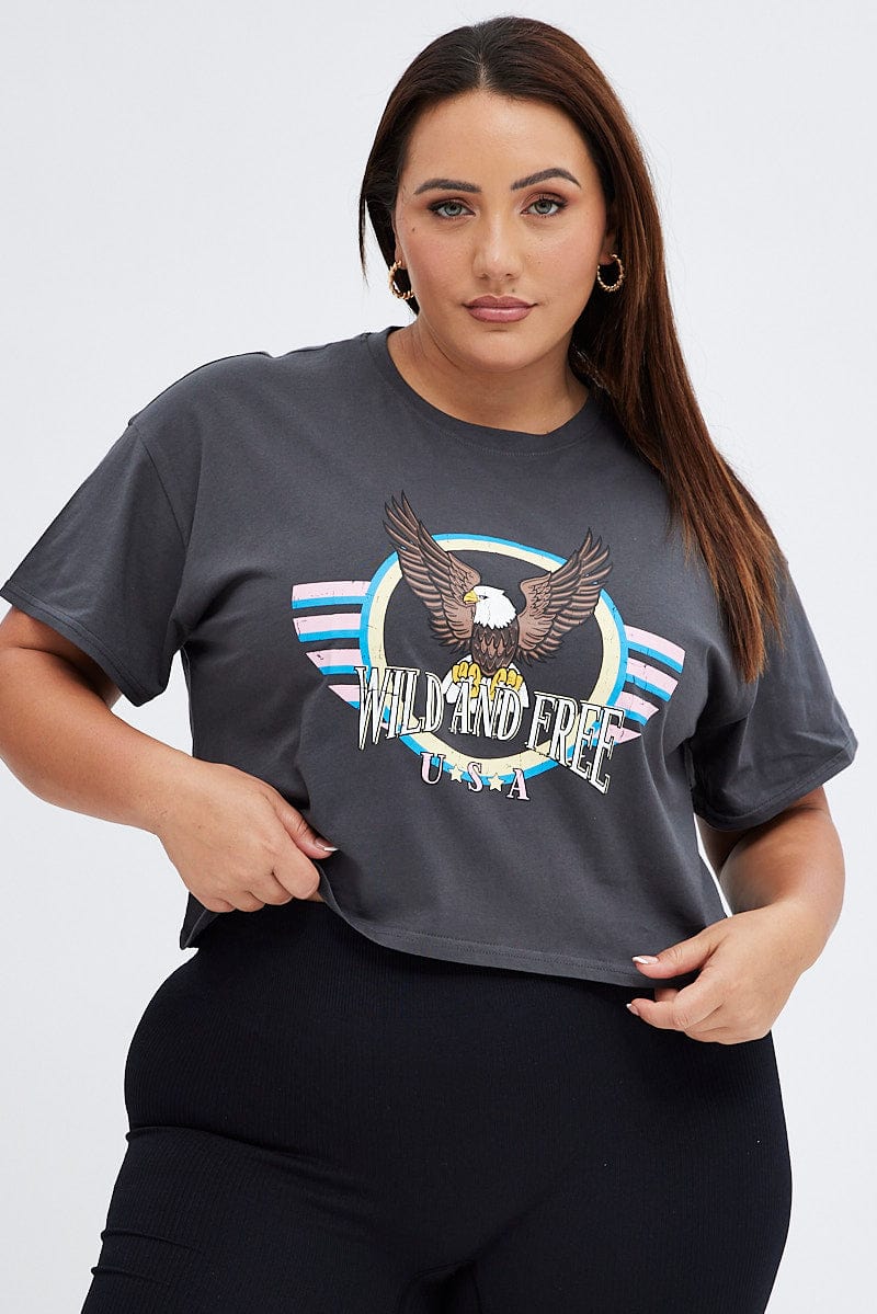 Grey Graphic T-shirt Wild And Free Cotton Jersey Crop