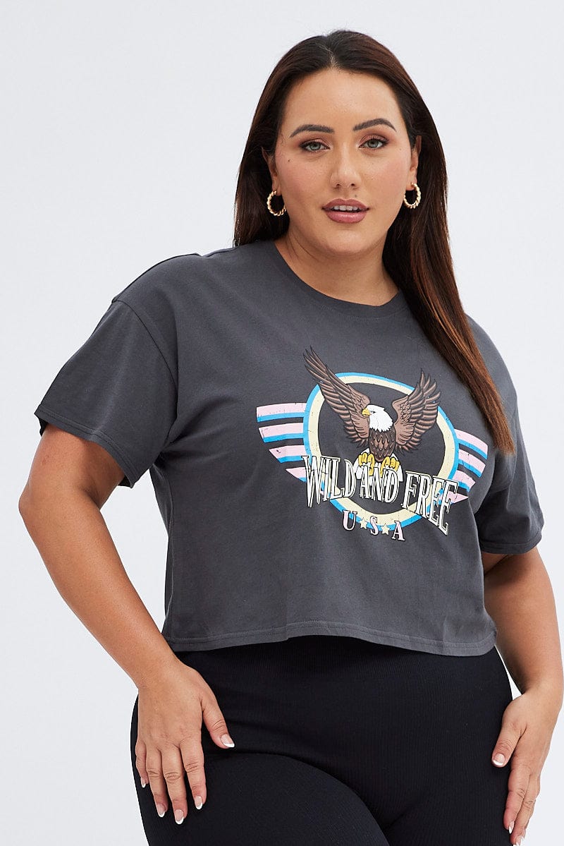 Grey Graphic T-shirt Wild And Free Cotton Jersey Crop - Image 3