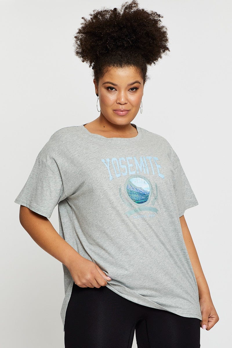 Grey Graphic T-shirt Yosemite Short Sleeve Cotton