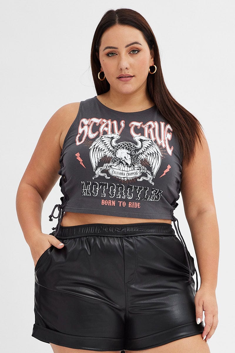 Grey Graphic Tank Top Stay True Crop Lace Up