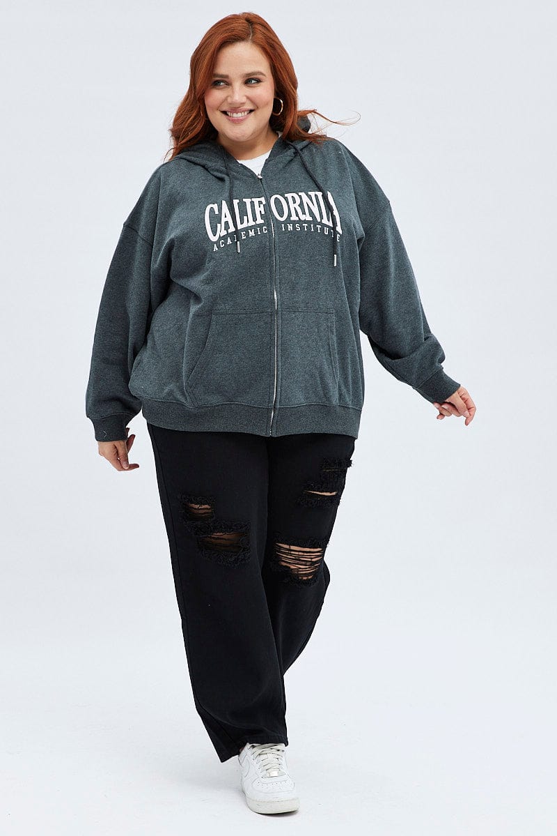 Grey Hoodie Jacket Zip Fleece California Embroidered - Image 2