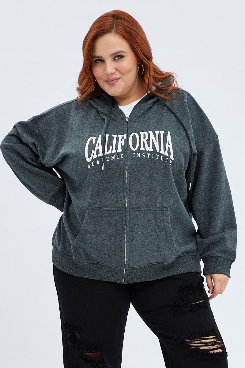 Grey Hoodie Jacket Zip Fleece California Embroidered - Image 3