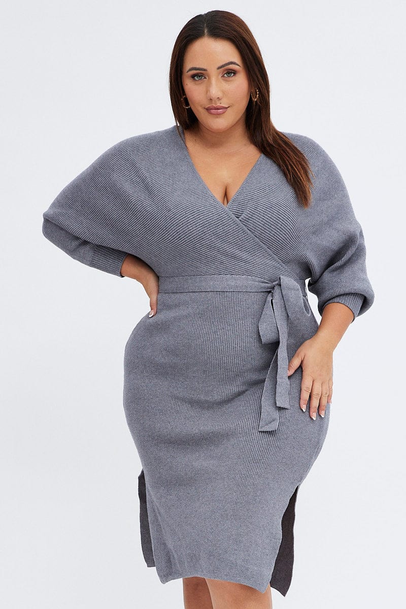 Grey Knit Dress Knee Length Crossover - Image 2