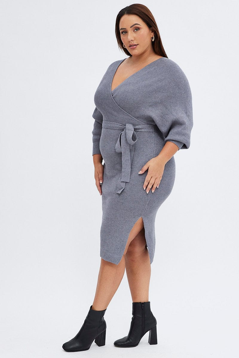 Grey Knit Dress Knee Length Crossover - Image 4