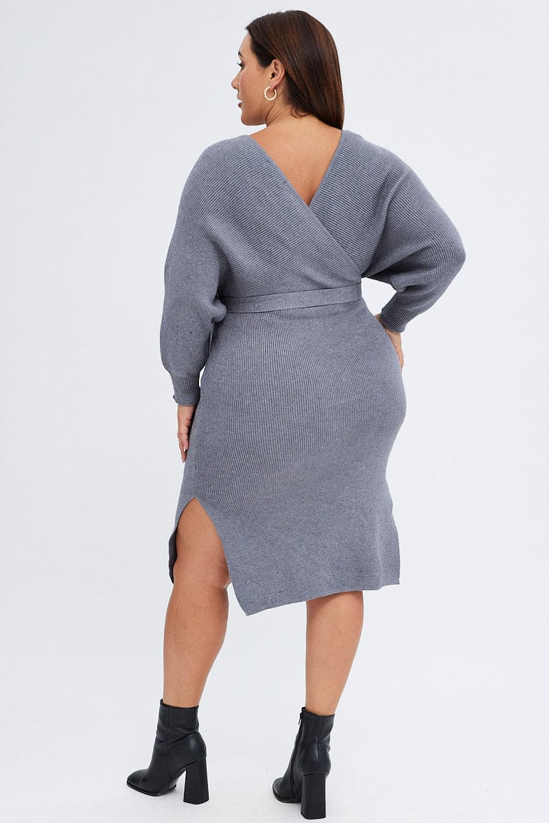 Grey Knit Dress Knee Length Crossover - Image 5
