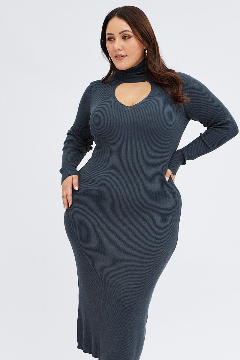 Grey Knit Dress Long Sleeve High Neck Cut Out - Image 2