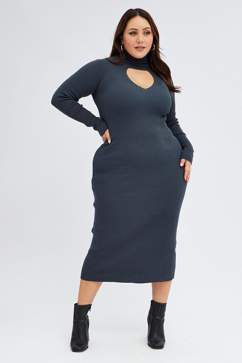 Grey Knit Dress Long Sleeve High Neck Cut Out - Image 3