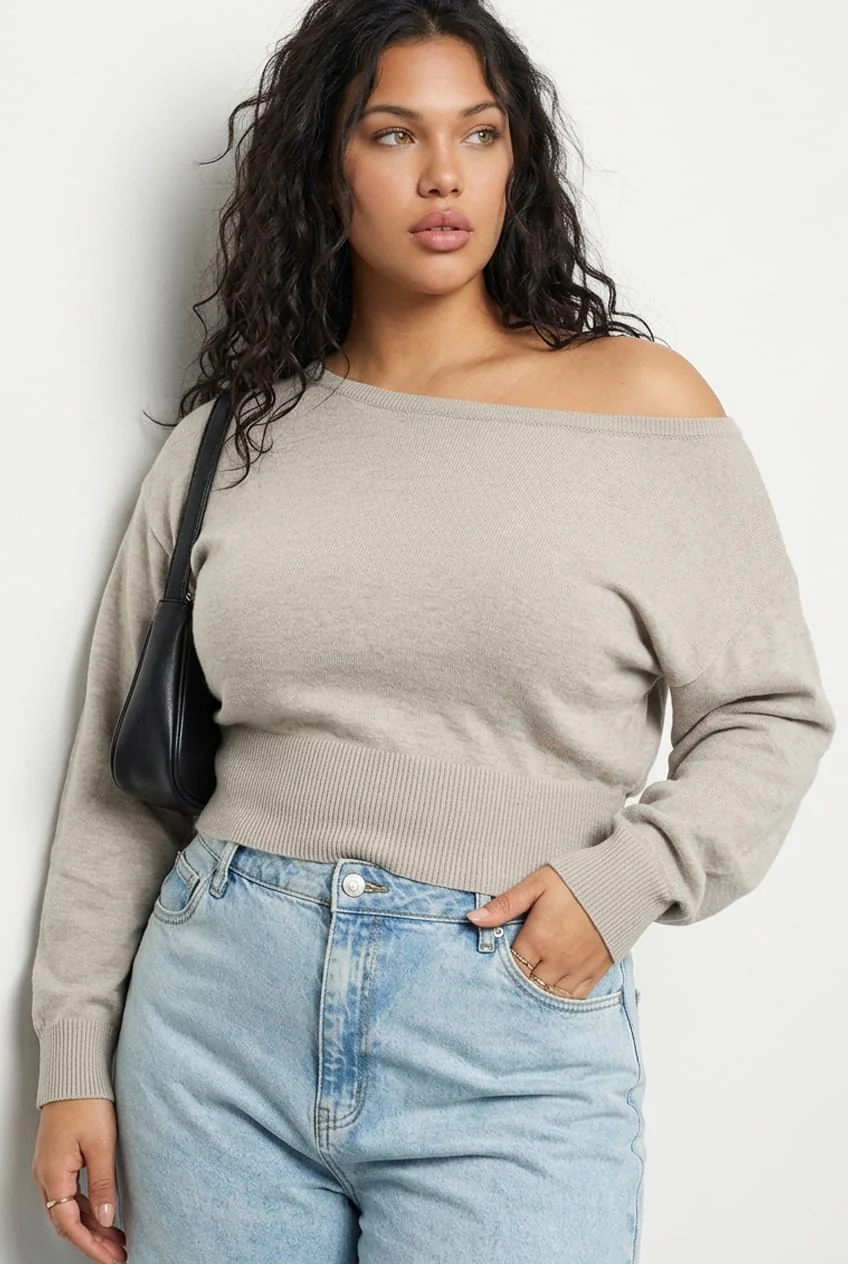 Grey Knit Top Off Shoulder Long Sleeve