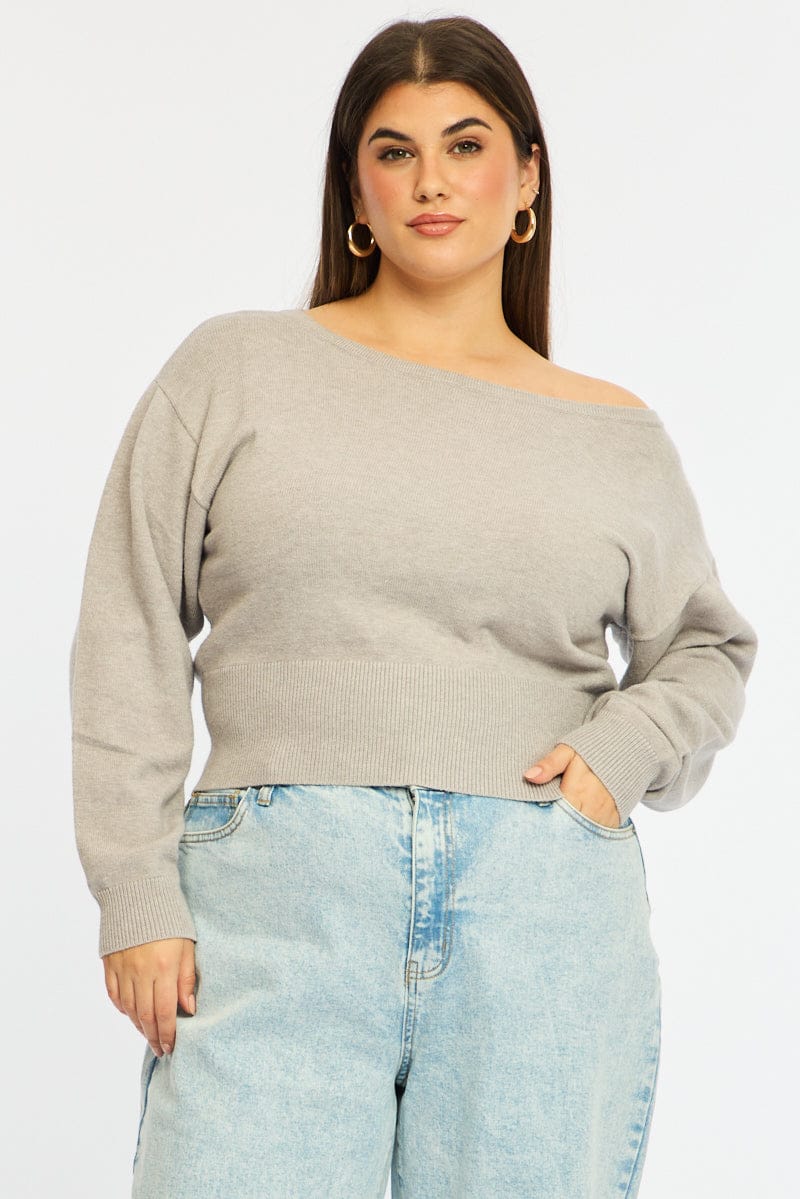 Grey Knit Top Off Shoulder Long Sleeve - Image 2