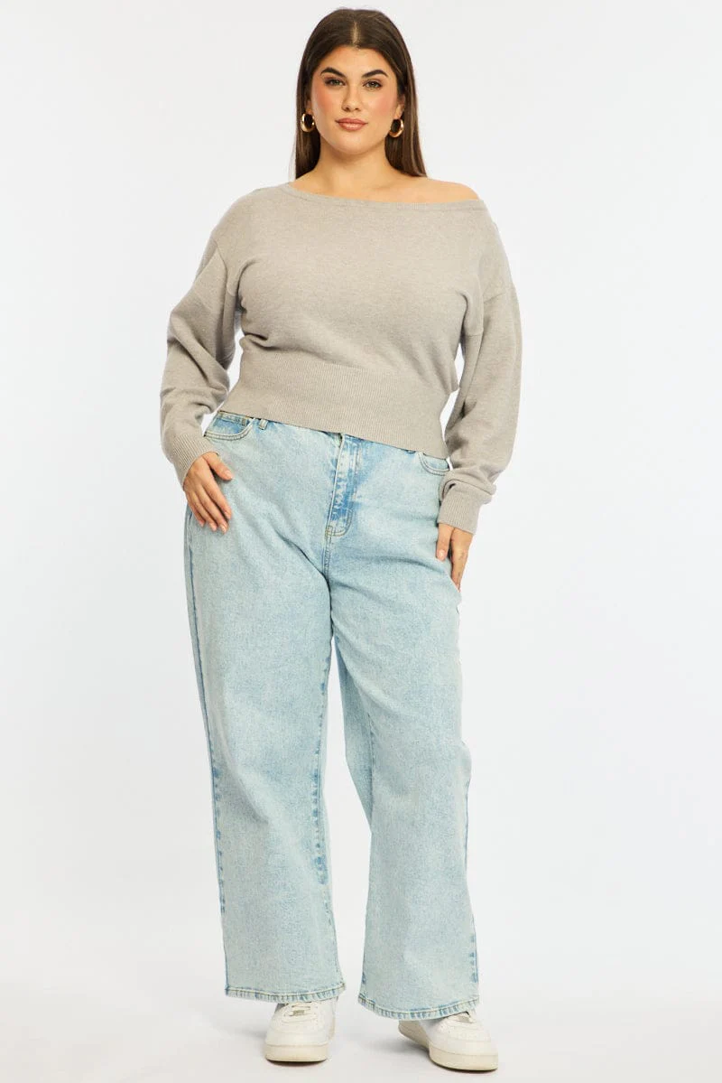 Grey Knit Top Off Shoulder Long Sleeve - Image 3