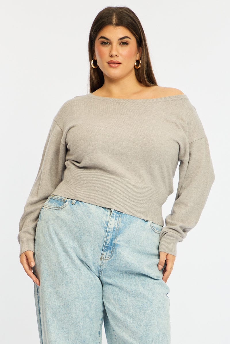 Grey Knit Top Off Shoulder Long Sleeve - Image 4